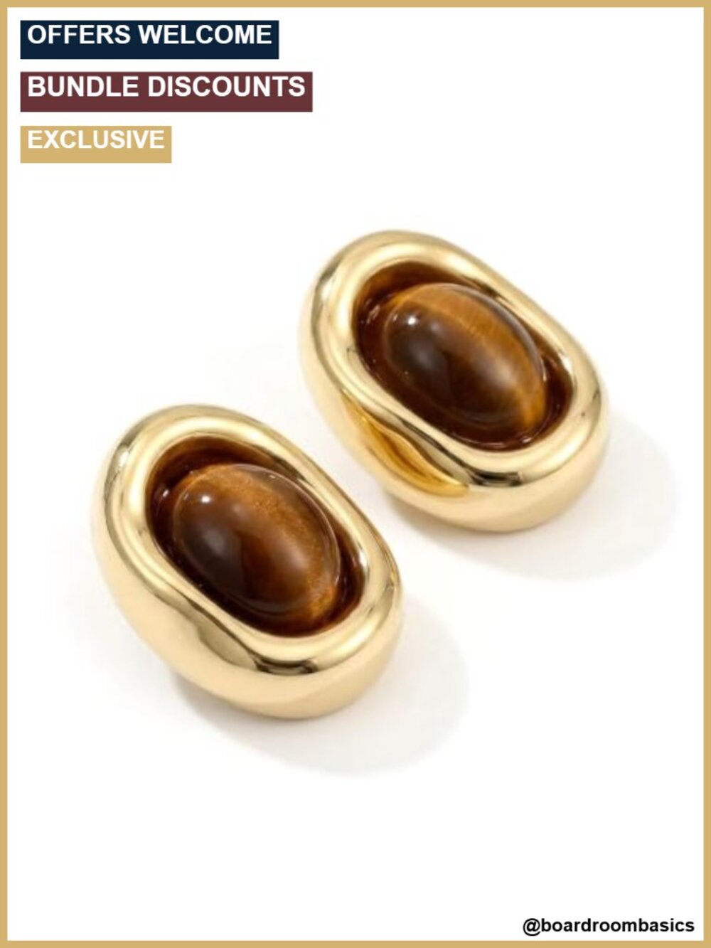 Tiger Eye Oval Stud Earrings Gold-Tone Bezel Natural Stone